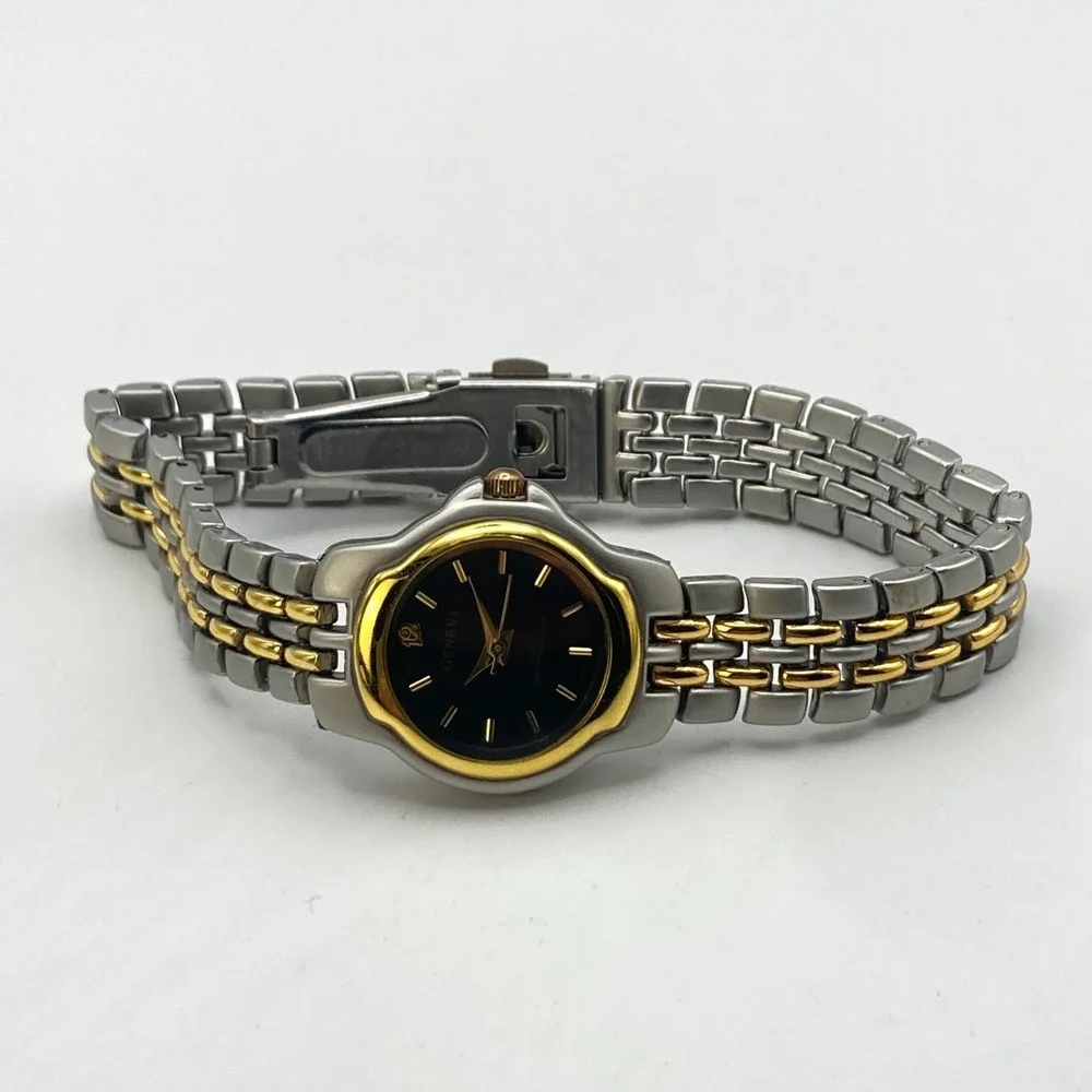 Geneva Women's Watch 24mm Gold Silver Two Tone Black Dial New Battery 7.75